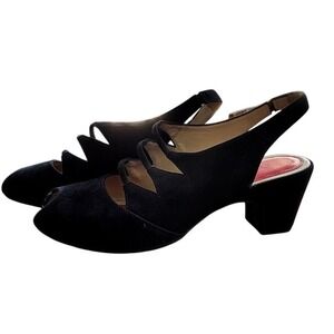 Pas de Rouge Black Suede Cut-Out Peep Toe Slingback Heels Size EU 39/ 8.5/ 9